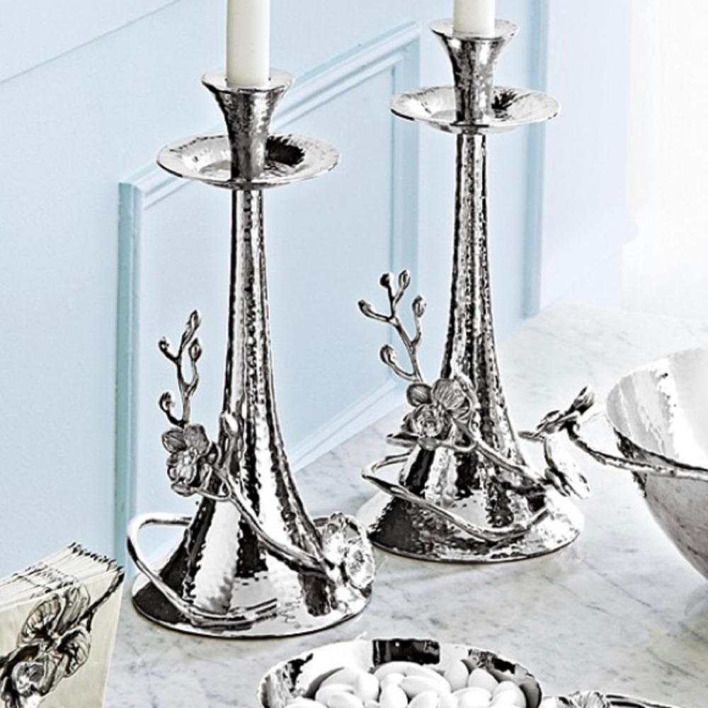 Ornate Silver Candle Holders with Floral Design
